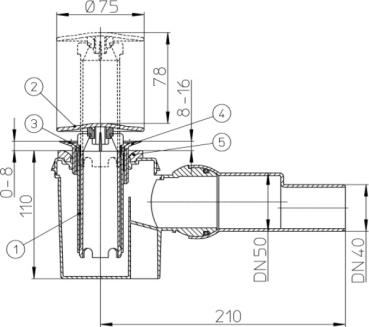 Brausetassensiphon DN50/40x6/4" waagrecht mit herausziehbarem Standrohr, Kugelgelenkanschluss und Abdeckplatte chrom d 75mm HL524